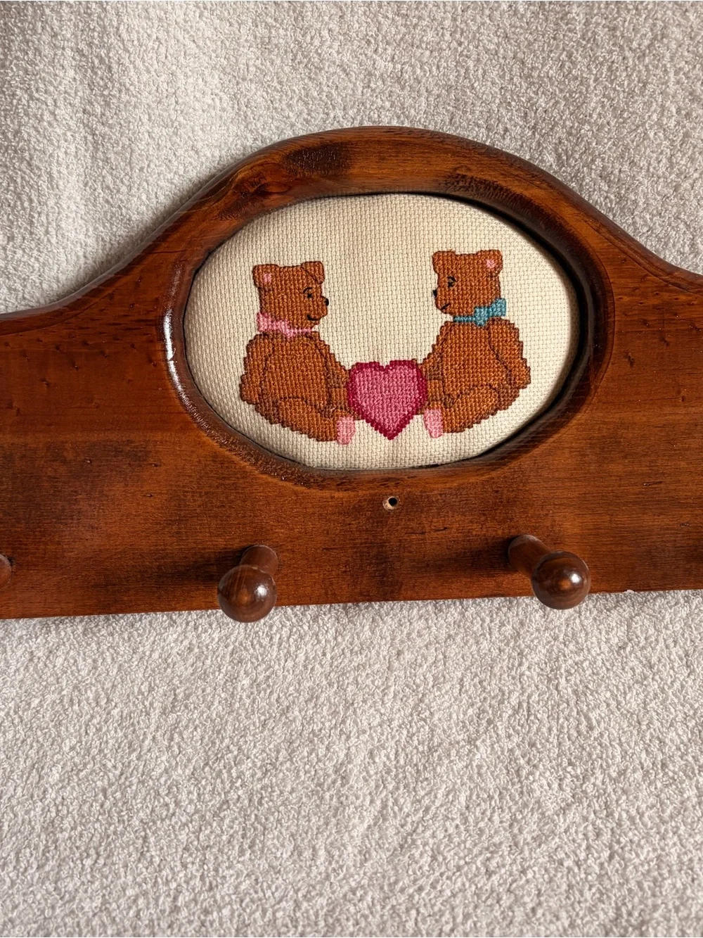 Handcrafted Brown Teddy Bears Cross-Stitch Wall Decor with Pink Heart